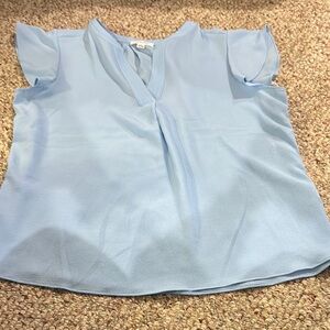 Calvin Klein Blue Flutter Sleeve Blouse with Mandarin Collar